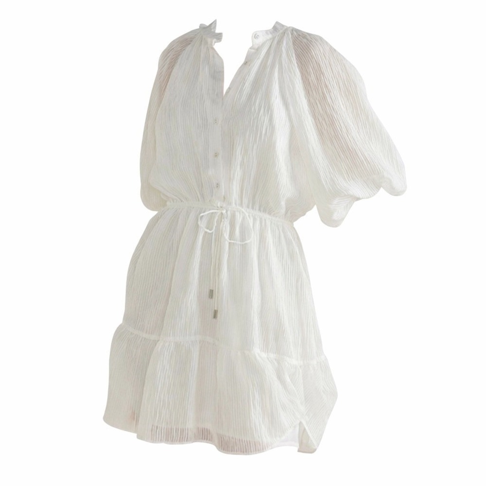 MINKPINK White Sheer Tiered Button-Front Mini Dress – Size Medium  NWT MSRP $129